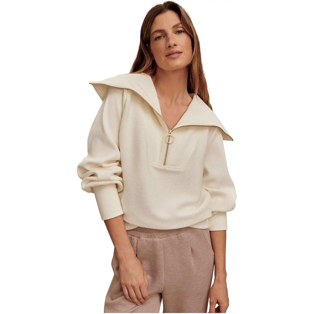 Varley Vine Pullover Ivory Ribbed Half Zip Sweatshirt Oversized Collar Size S